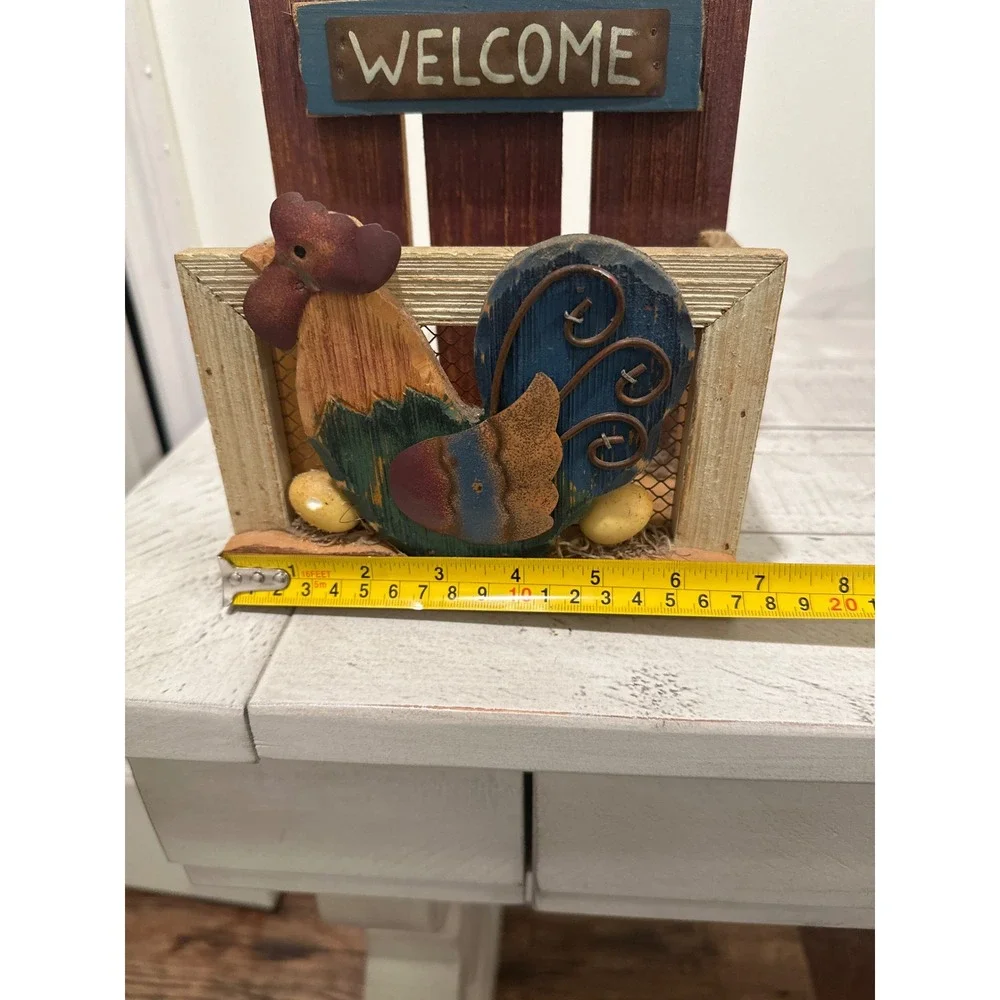 Rustic Wooden Rooster Welcome Box Wall Pocket Farmhouse Decor Picket Fence Sign